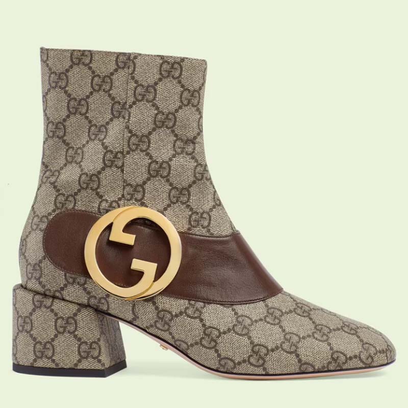 Gucci Blondie Women’s Ankle Boot Beige Ebony GG Supreme Canvas Low 5 Cm Heel