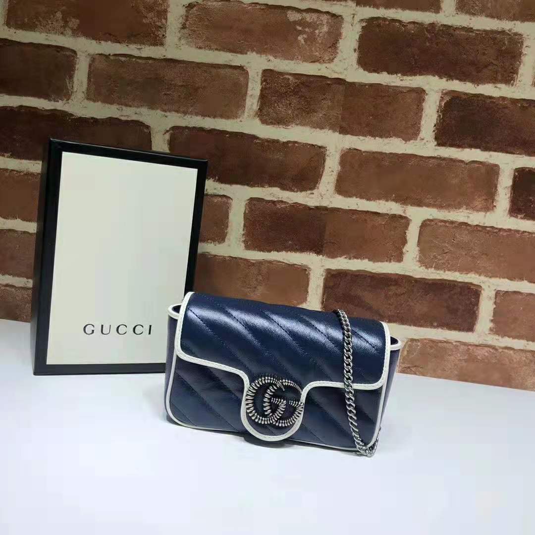 Gucci GG Women GG Marmont Super Mini Bag in Blue Diagonal Matelassé Leather