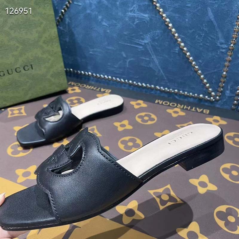 Gucci Unisex Interlocking G Slide Sandals Black Leather Cut-Out Flat