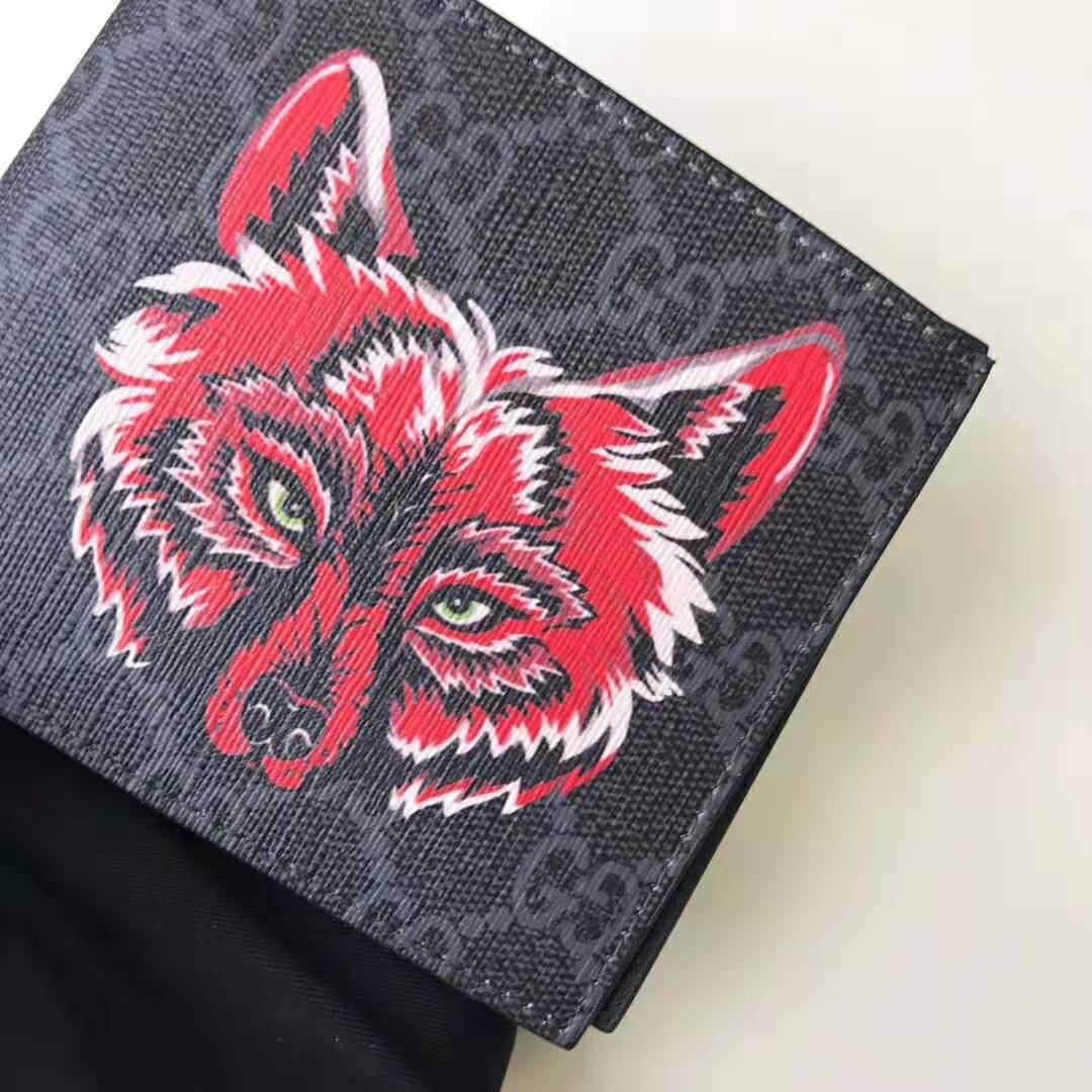 Gucci GG Men GG Supreme Wallet with Wolf in Black and Grey GG Supreme Canvas