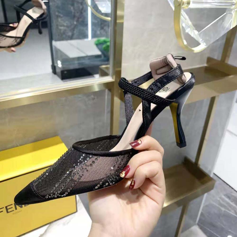 Fendi Women Colibri Black Mesh High-Heeled Slingbacks with Rhinestone Embroidery