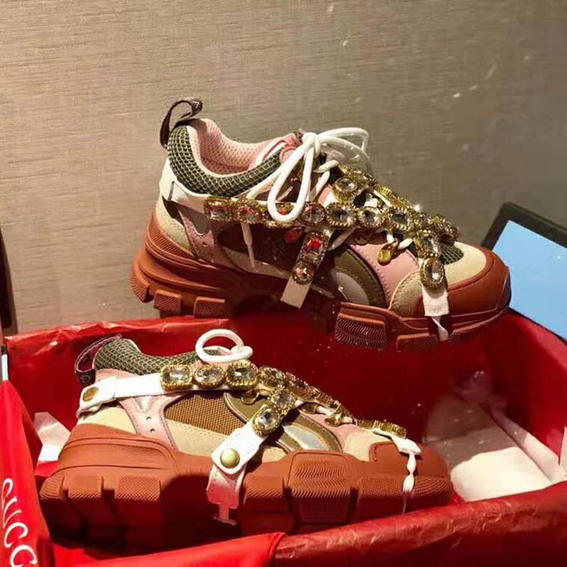 Gucci Unisex Flashtrek Sneaker in Brown and Pink Leather 5.6 cm Heel