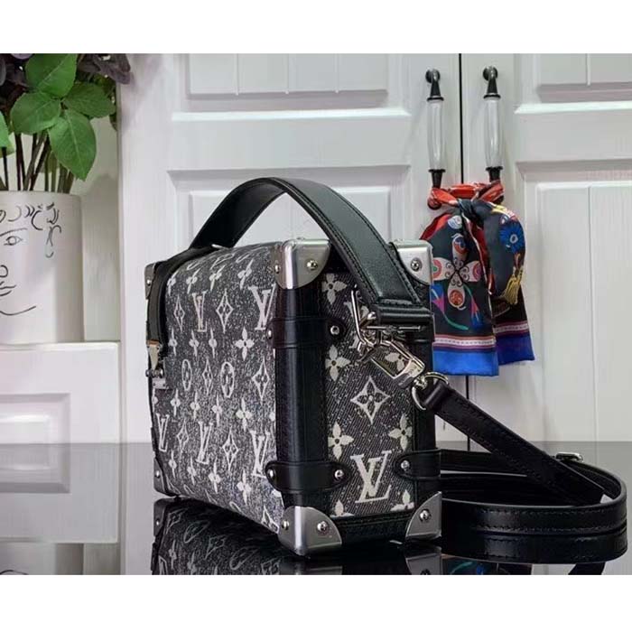 Louis Vuitton LV Women Side Trunk Handbag Gray Denim Textile Jacquard