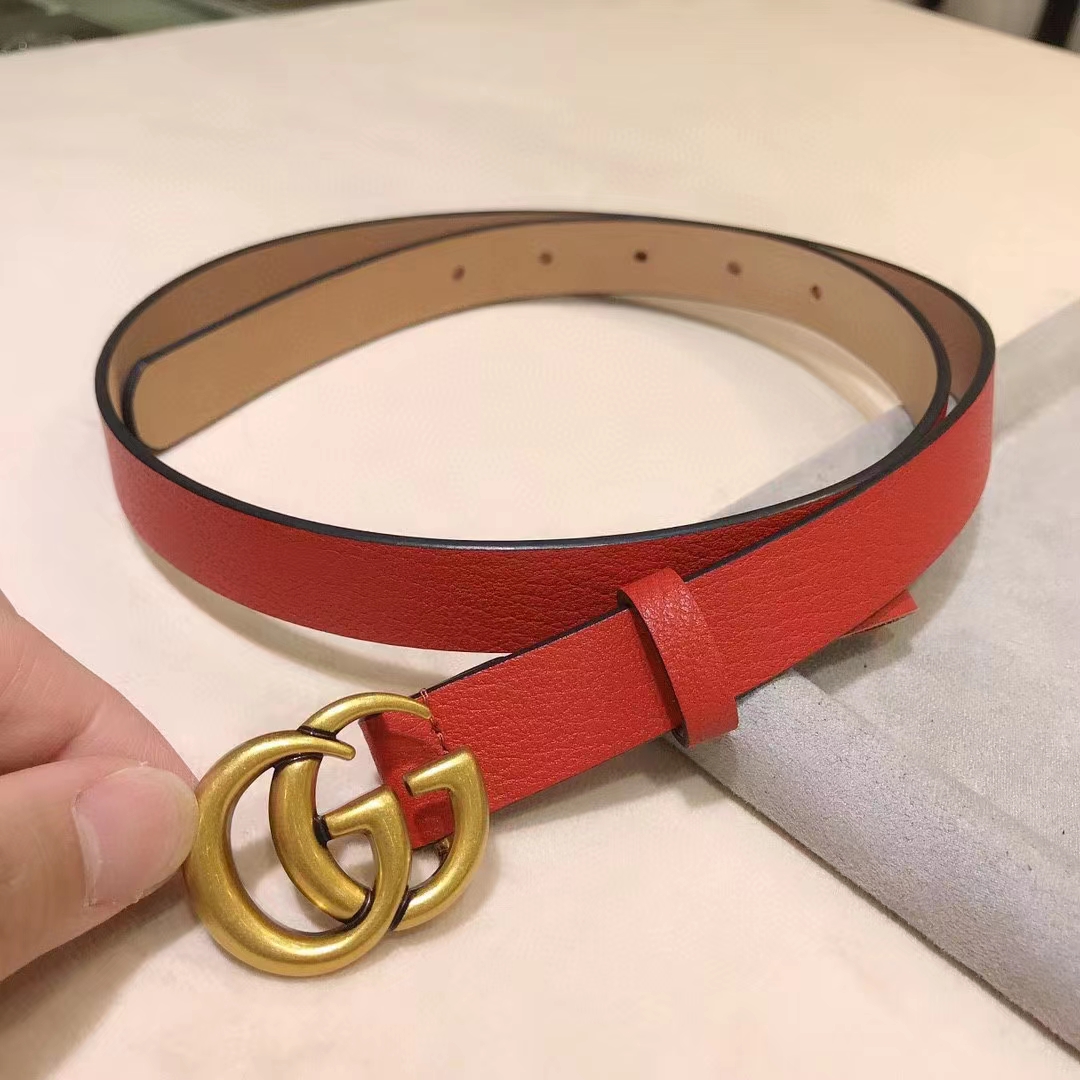 Gucci Unisex Marmont Reversible Thin Belt Red Leather Double G Buckle