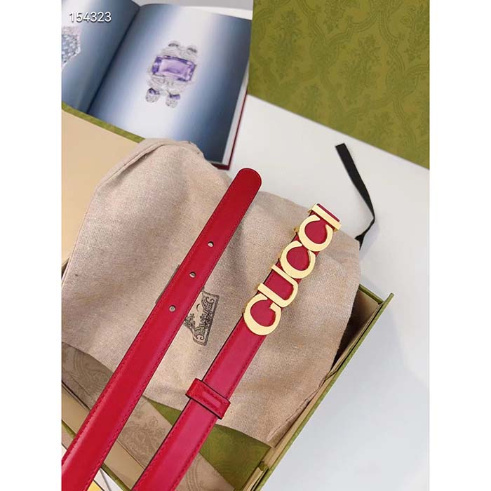 Gucci Unisex Buckle Thin Belt Red Leather Gold-Toned Hardware 1.5 CM Width