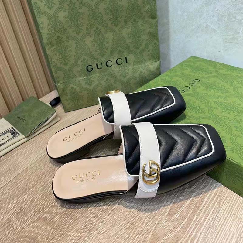 Gucci Women GG Slipper Double G Black Leather Matelassé Chevron Insert