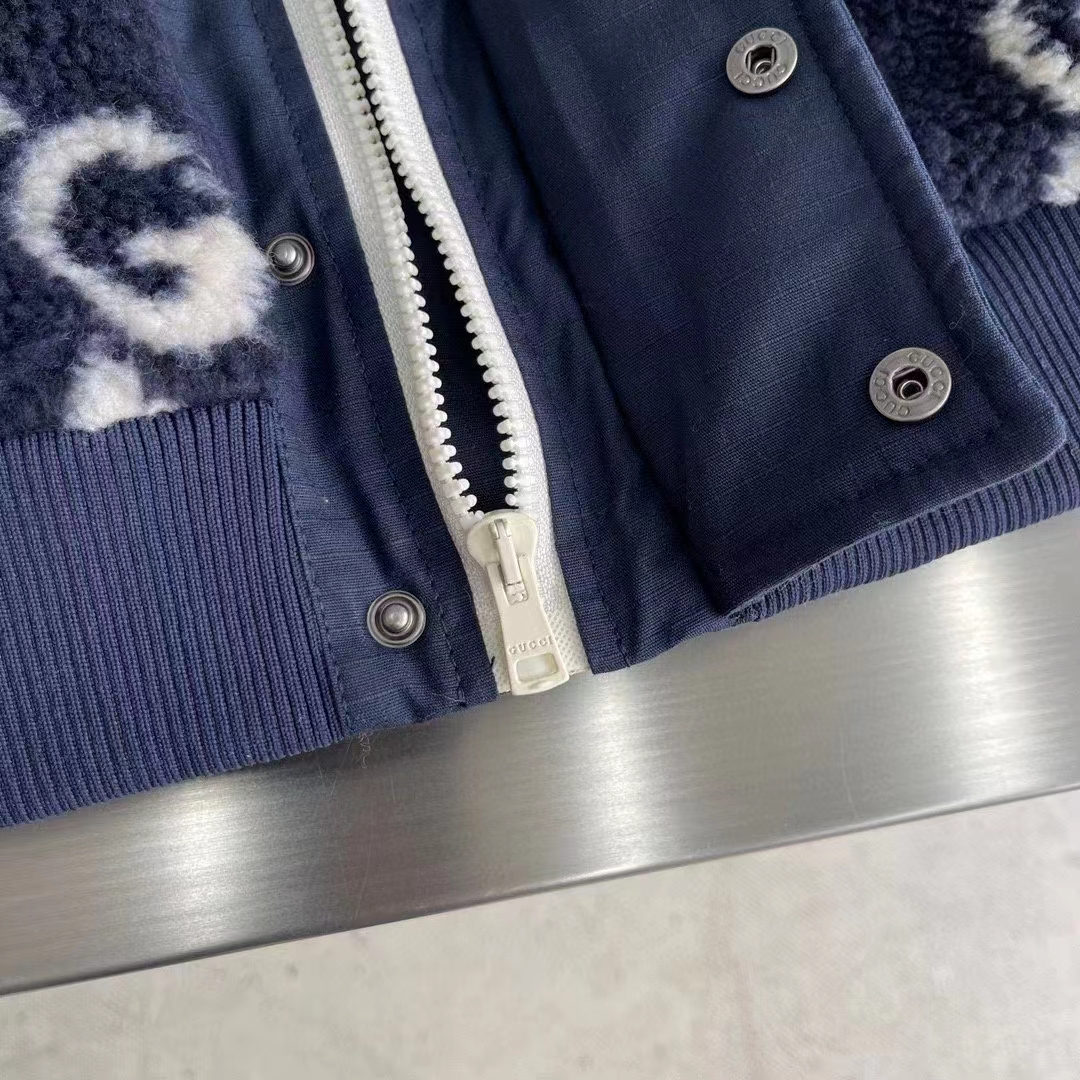 Gucci Women GG Fuzzy Fabric Jacquard Jacket Fixed Hood Drawstring Long Sleeves Front Patch Pocket