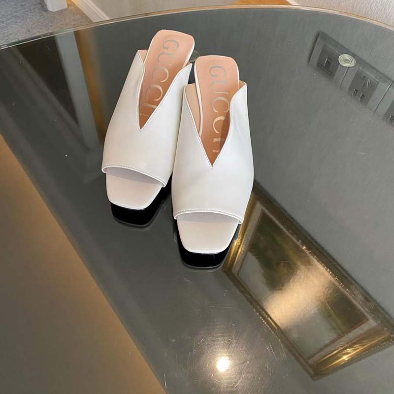Gucci Women GG Low Heel Sandal White Leather Square Toe Leather Sole 3 Cm Heel