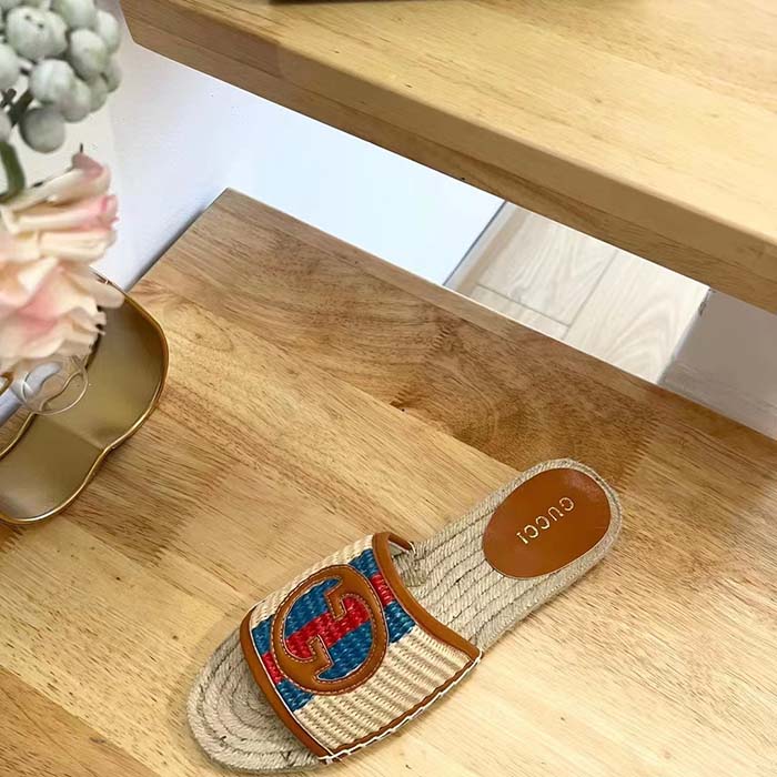 Gucci Unisex GG Interlocking G Espadrille Natural Raffia Leather Round Flat Sandal