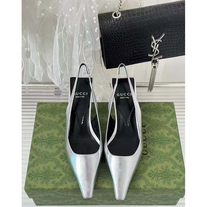 Gucci Women GG Slingback Pump Metallic Silver Leather Interlocking G Square Upper Mid-Heel