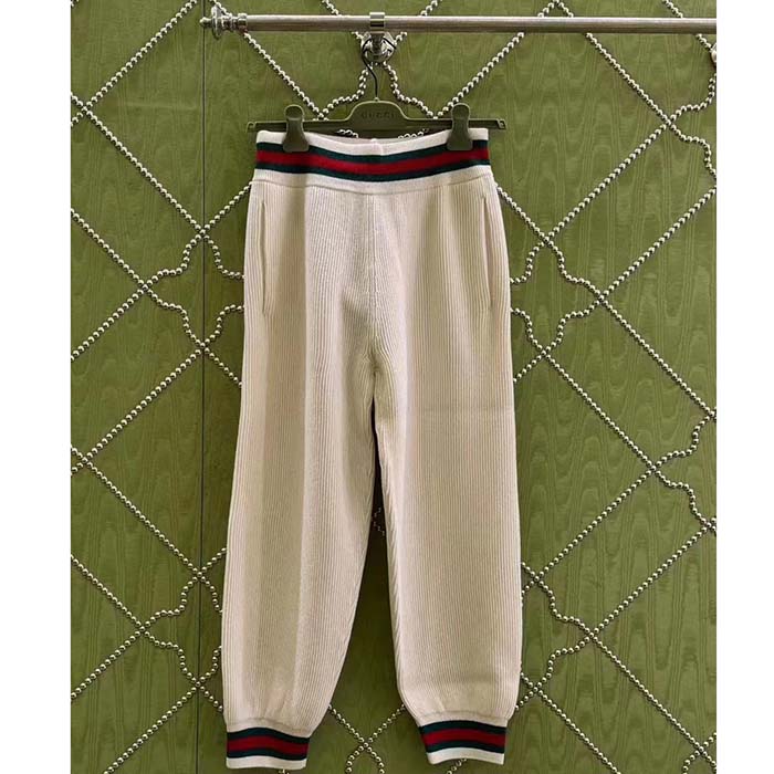 Gucci Women GG Rib Wool Pant Web Elastic Waist Drawstring Elastic Leg Cuffs