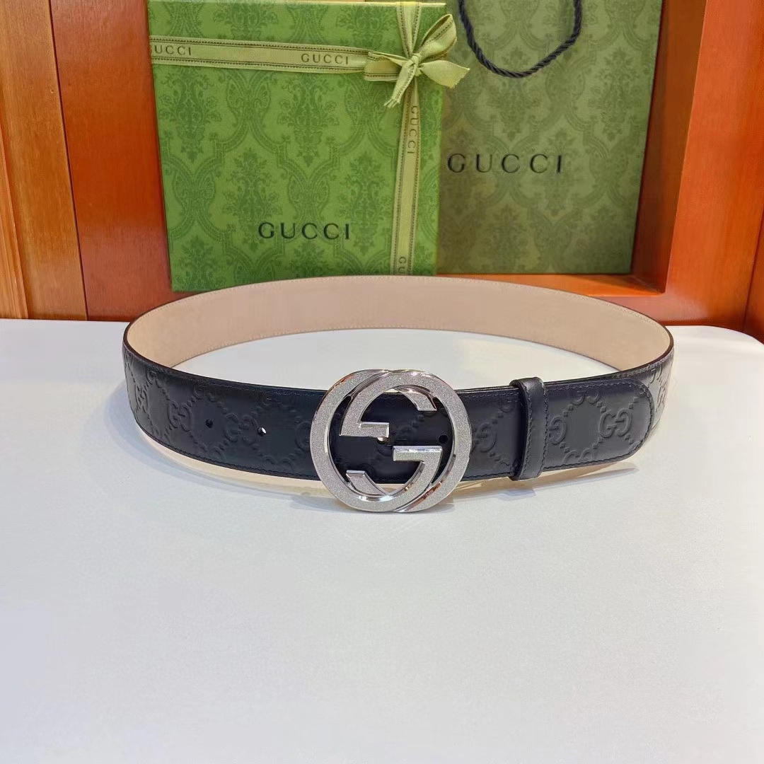 Gucci GG Unisex Signature Leather Belt Black Interlocking G Buckle 3.8 CM Width