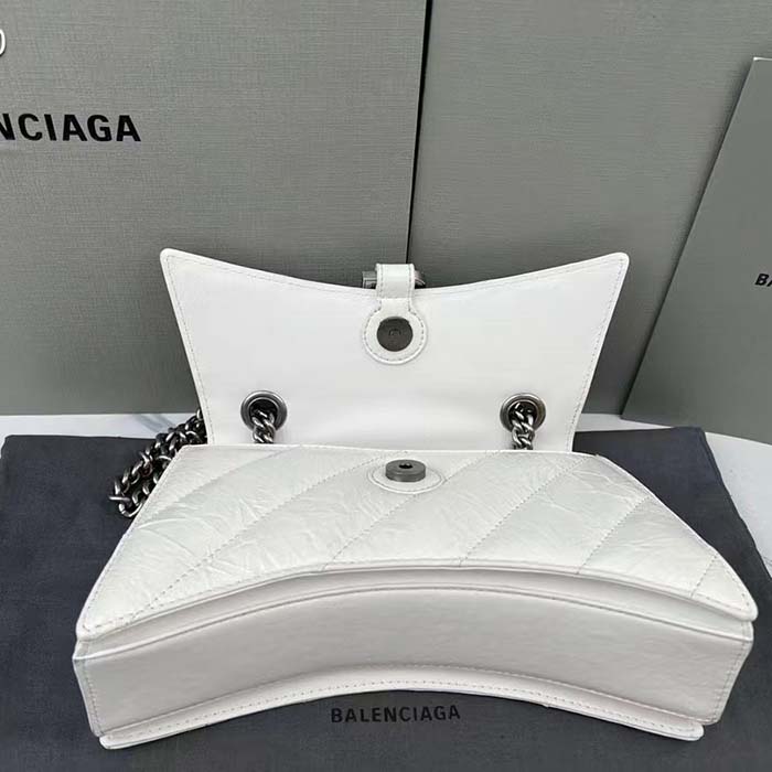 Balenciaga Women Crush Small Chain Bag Quilted White Crushed Calfskin Aged-Silver Hardware