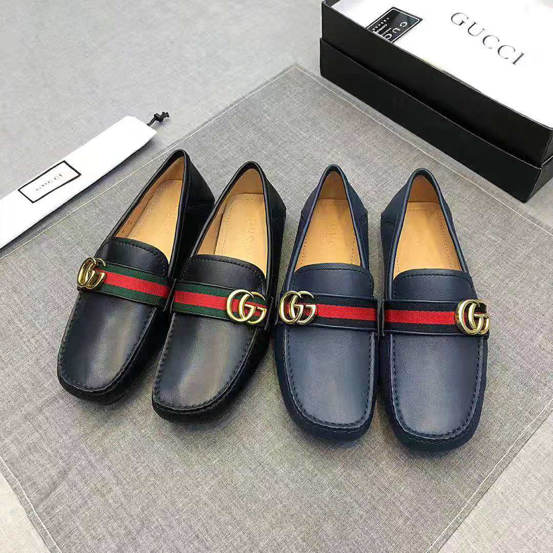 Gucci Men Leather Driver with Web-Navy