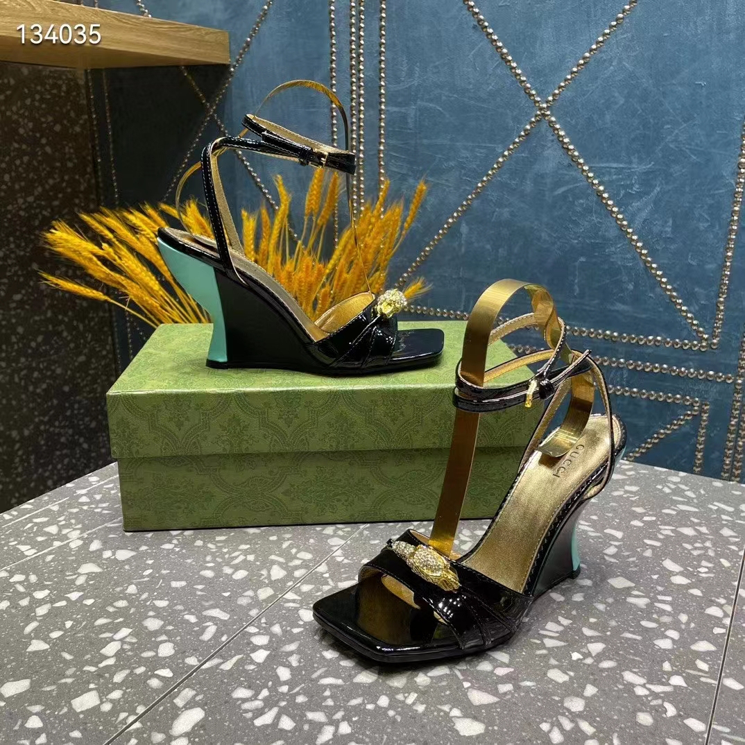 Gucci Women GG High-Heel Sandal Hardware Black Patent Leather Square Toe Geometric-Shaped Heel