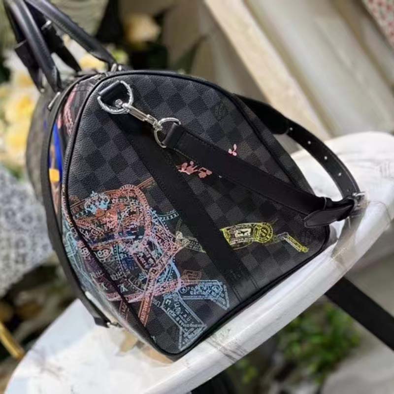 Louis Vuitton LV Unisex Keepall 50B Damier Graphite Stamps Coated Canvas