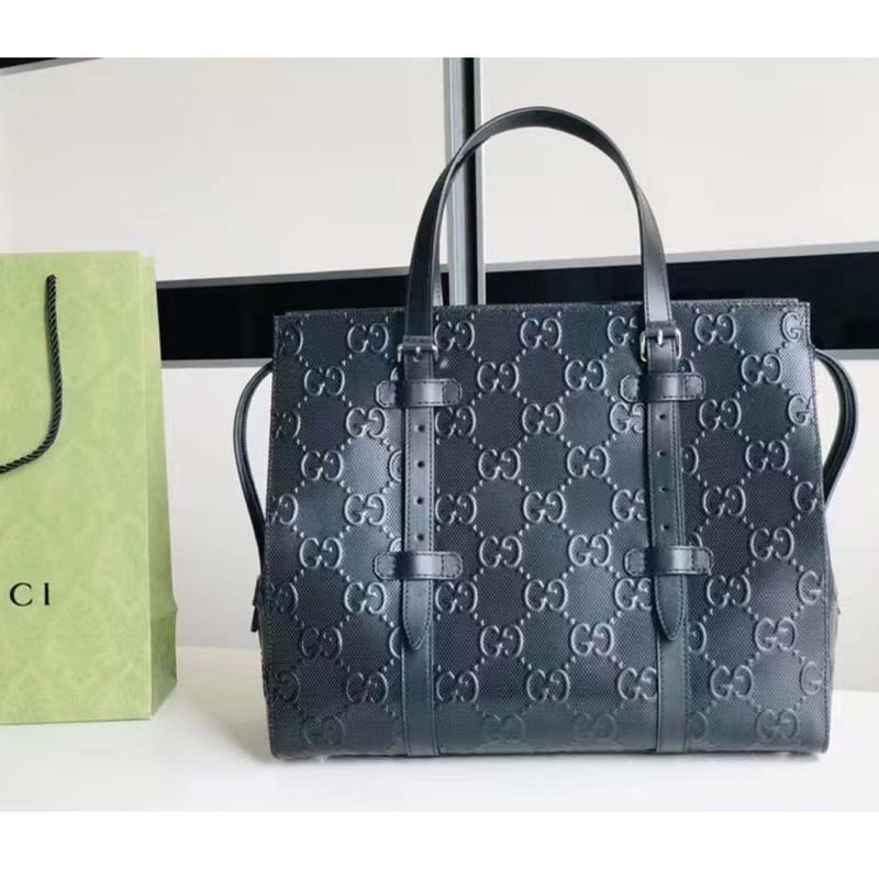 Gucci Unisex GG Embossed Tote Bag Black Leather Cotton Linen Lining