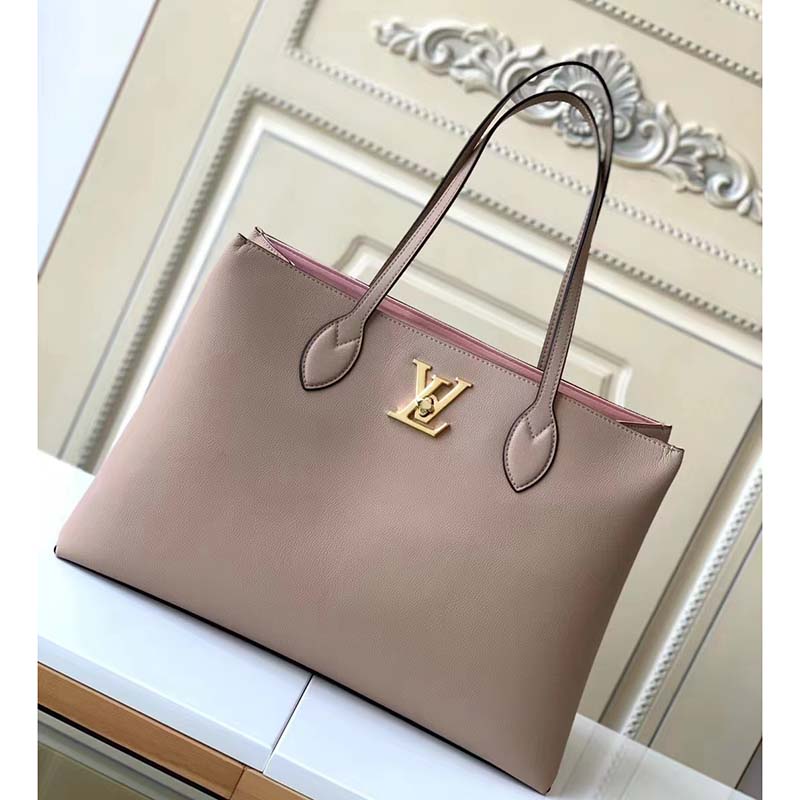 Louis Vuitton LV Women Lockme Shopper Beige Greige Grained Calf Leather