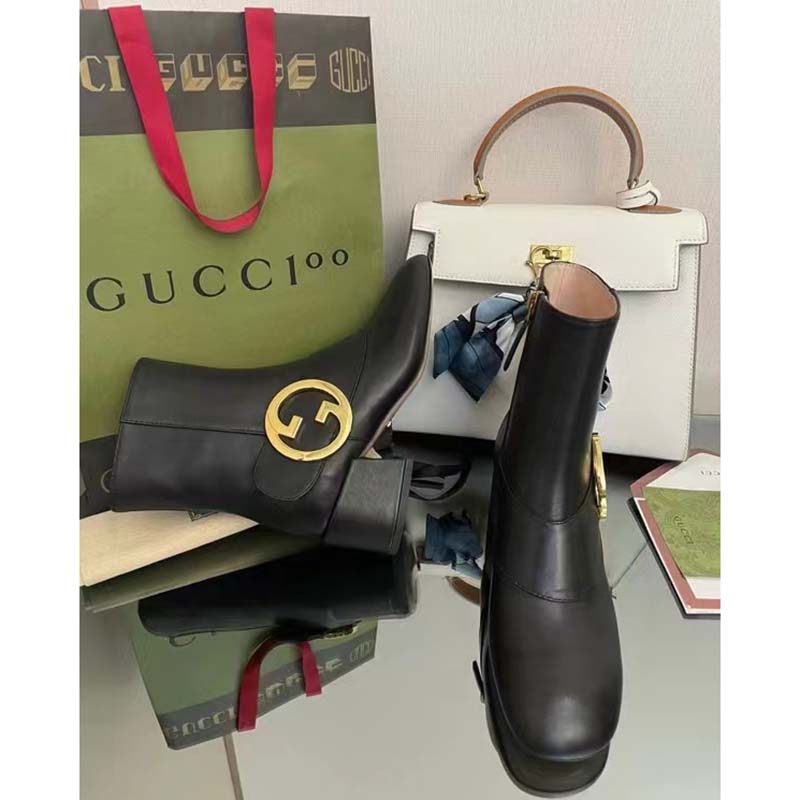 Gucci GG Blondie Women’s Ankle Boot Black Leather Mid 5 Cm Heel