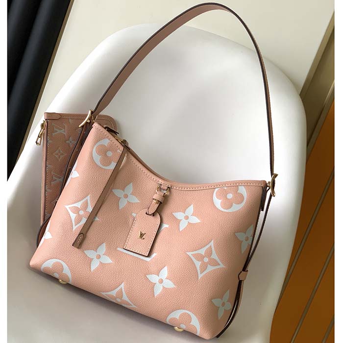 Louis Vuitton LV Women CarryAll PM Bag Pink Beige Embossed Supple Grained Cowhide Leather