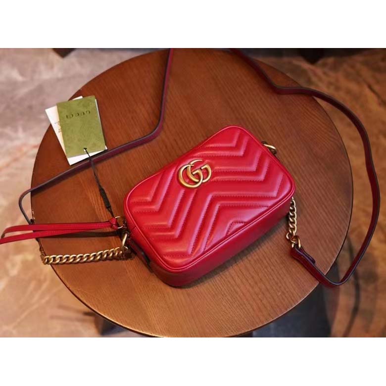 Gucci Women GG Marmont Matelassé Mini Bag Red Matelassé Chevron Leather