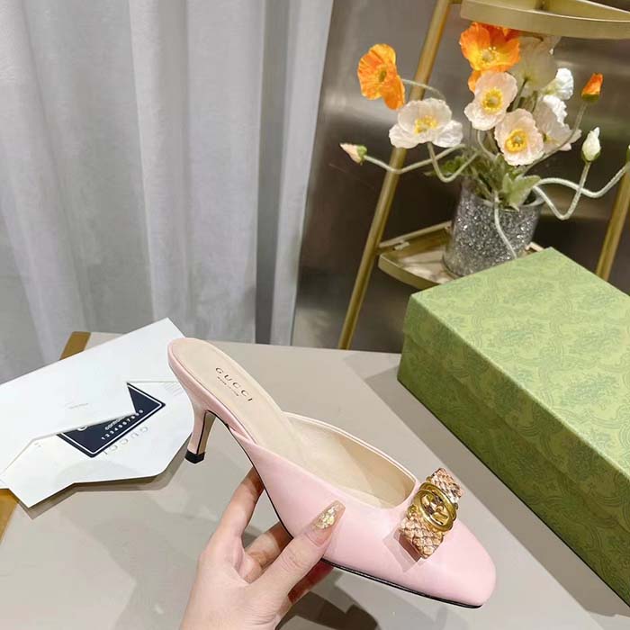 Gucci Women GG Interlocking G Mule Pink Leather Square Toe Leather Mid-Heel