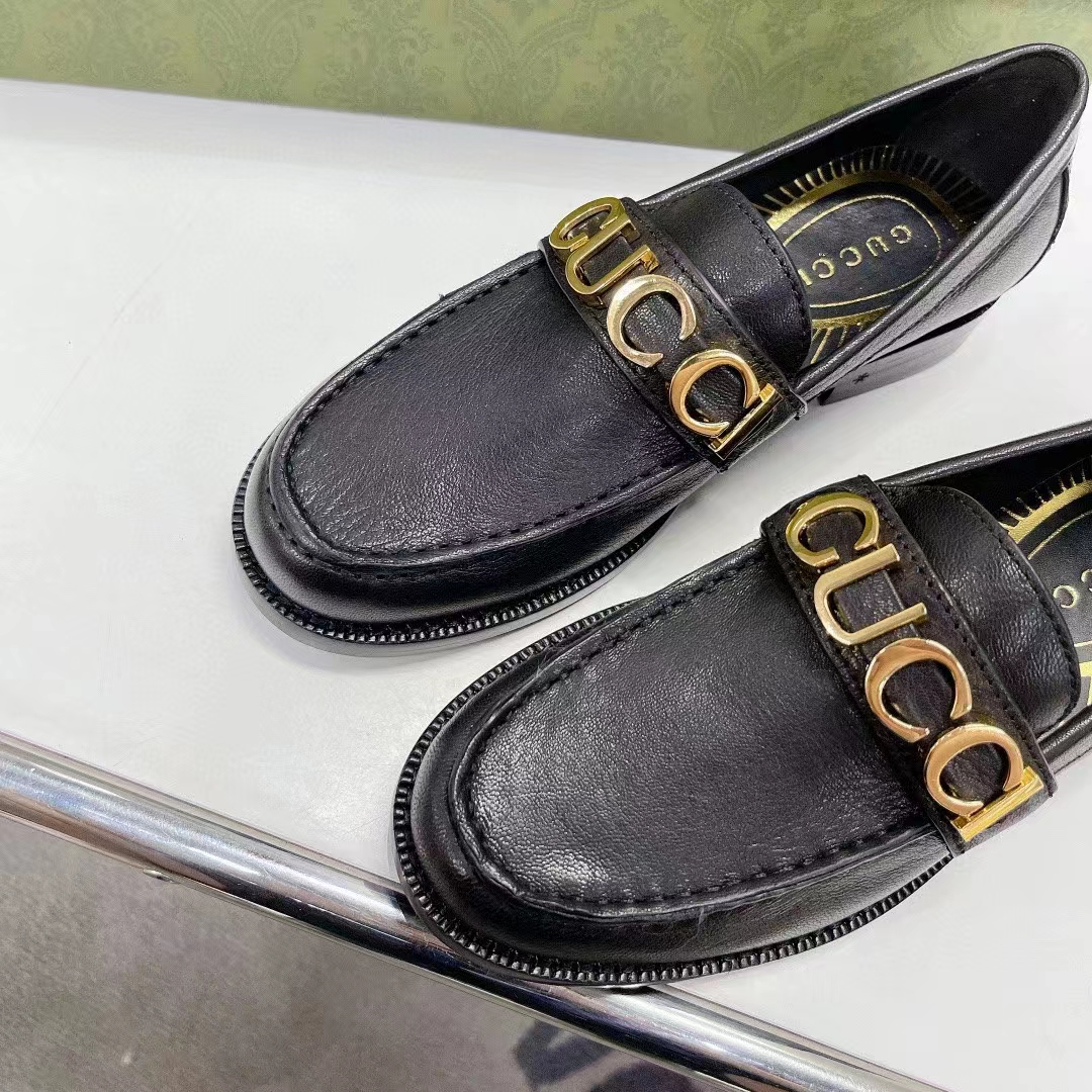 Gucci Women GG Leather Loafer Black Metal Logo Metallic Sunray Print Low Heel