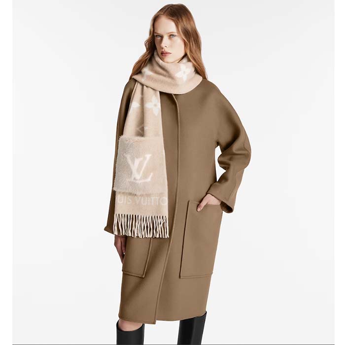 Louis Vuitton Unisex Cold Reykjavik Scarf Cashmere Mink Fur Beige Jacquard LV Initials Monogram Flowers