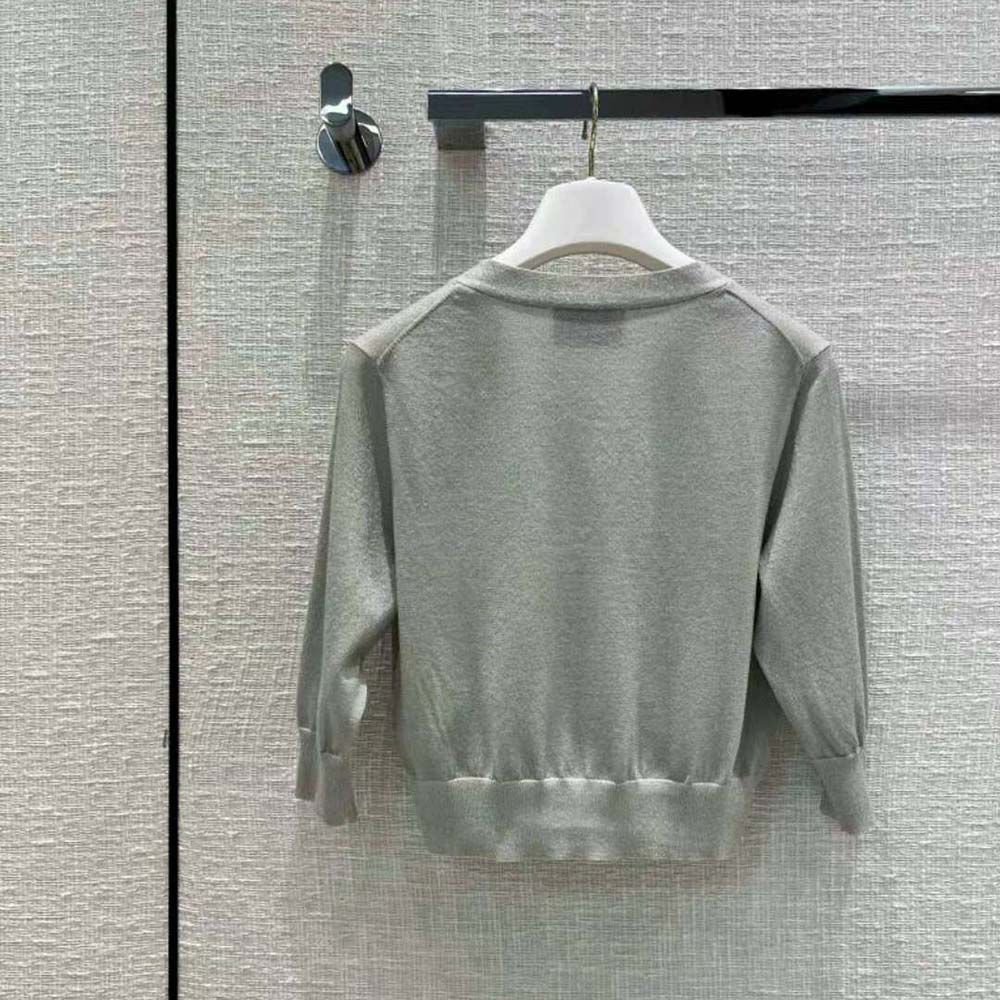 Prada Women Cropped Lurex Cardigan with Intarsia Logo-Silver