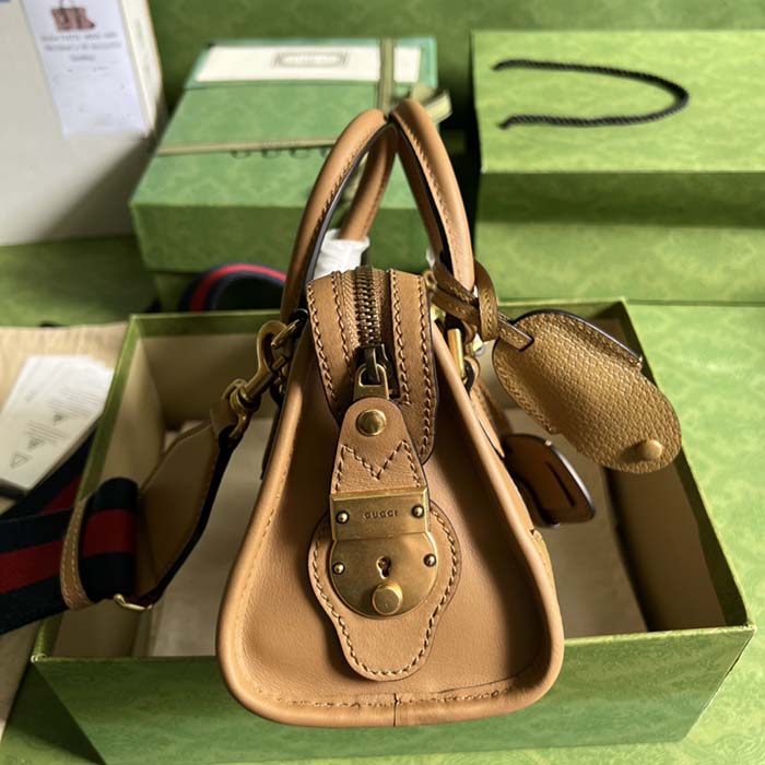 Gucci Unisex GG Mini Top Handle Bag Double G Light Brown Smooth Leather