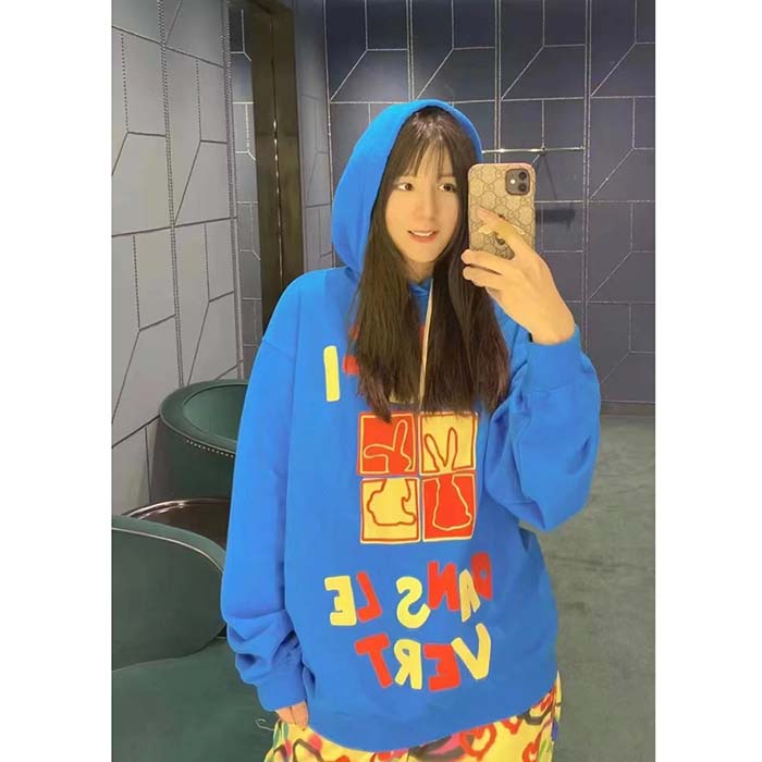 Gucci Women GG Cotton Jersey Sweatshirt Turquoise Felted Cotton Jersey Long Sleeves