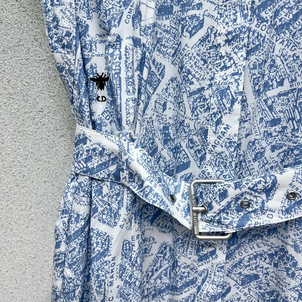 Dior Women Mid-Length Belted Shirtdress White and Chambray Blue Cotton and Silk Poplin