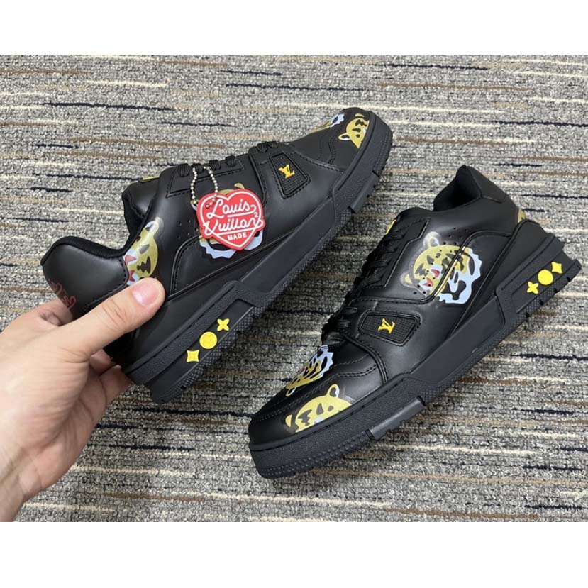 Louis Vuitton LV Unisex Trainer Sneaker Black Printed Calf Leather Rubber Outsole