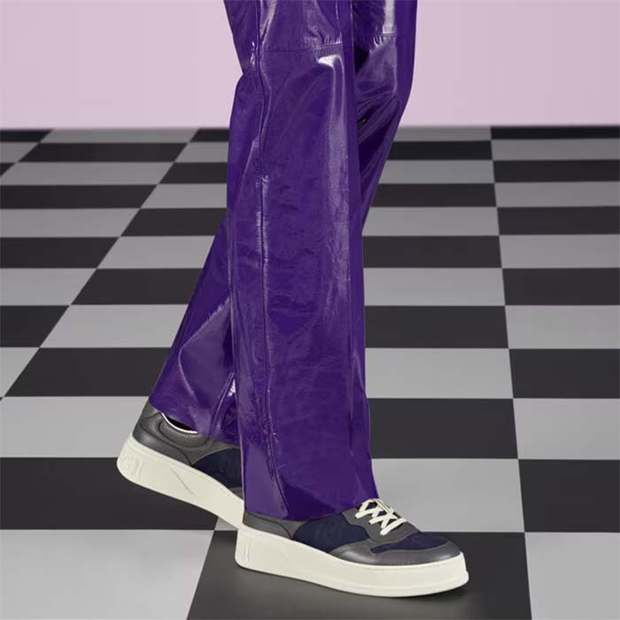 Gucci Unisex GG Lace Up Sneaker Grey Leather Blue Black GG Canvas