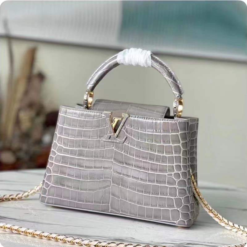Louis Vuitton LV Women Capucines BB Handbag Grey Crocodilian Leather