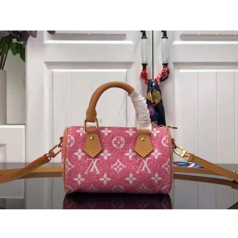 Louis Vuitton LV Women Nano Speedy Monogram Jacquard Denim Pink Cowhide Leather