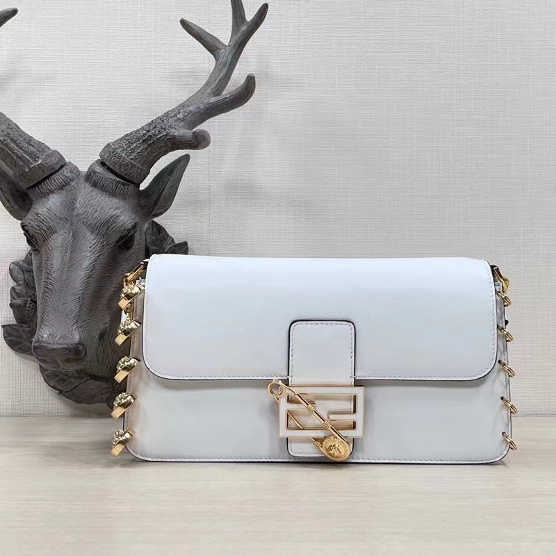 Fendi Women FF Baguette Brooch Fendace White Leather Bag