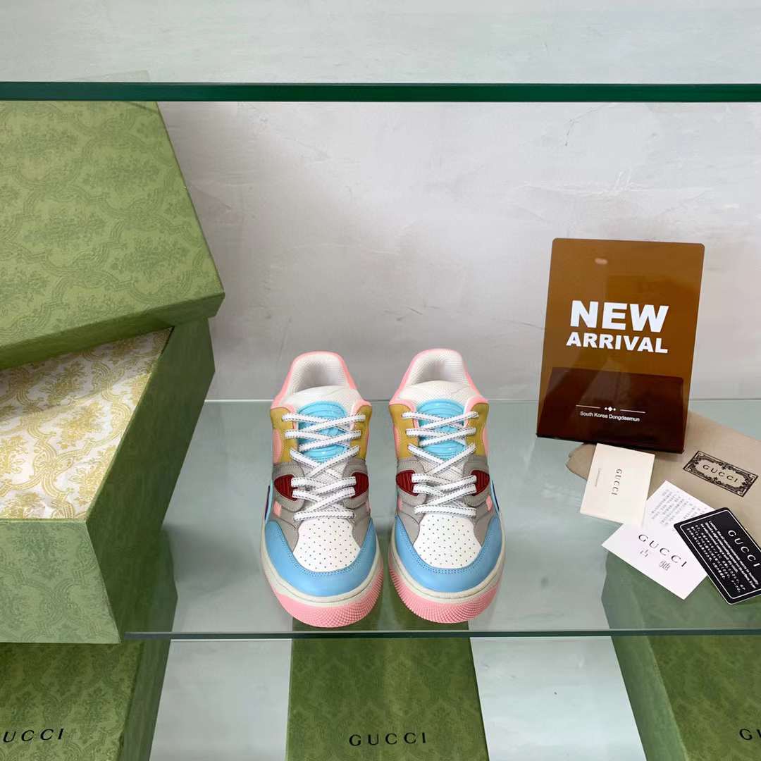 Gucci Unisex Basket Sneaker Blue Demetra White Mesh Rubber Interlocking G Low Heel