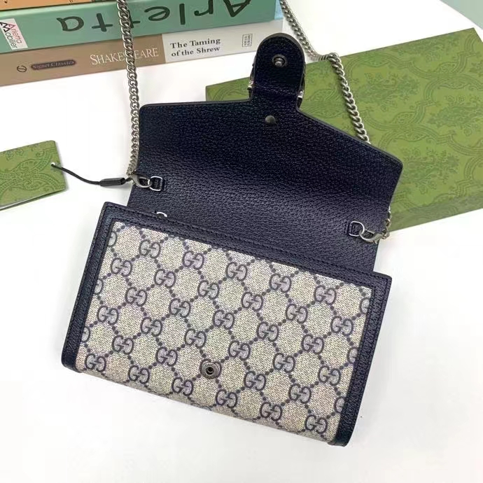 Gucci Women Dionysus GG Mini Chain Wallet Beige Blue GG Supreme Canvas Leather