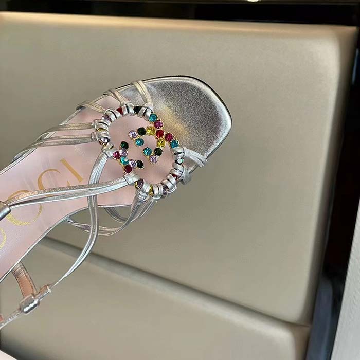Gucci Women GG Sandal Interlocking G Silver Metallic Leather High 9 Cm Heel