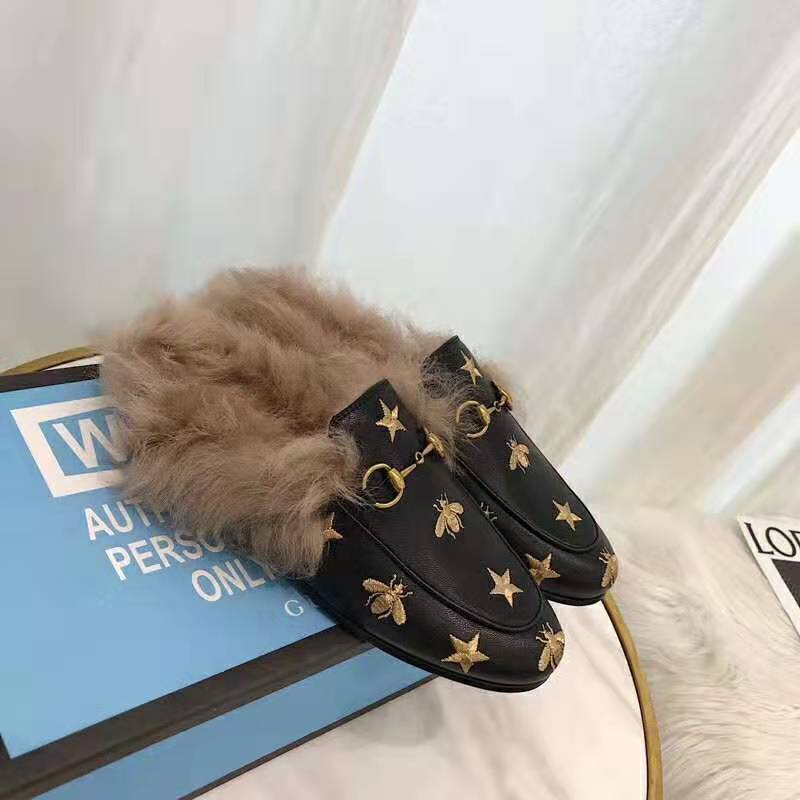 Gucci Unisex Princetown Embroidered Leather Slipper with Bees and Stars in Lamb Wool-Black