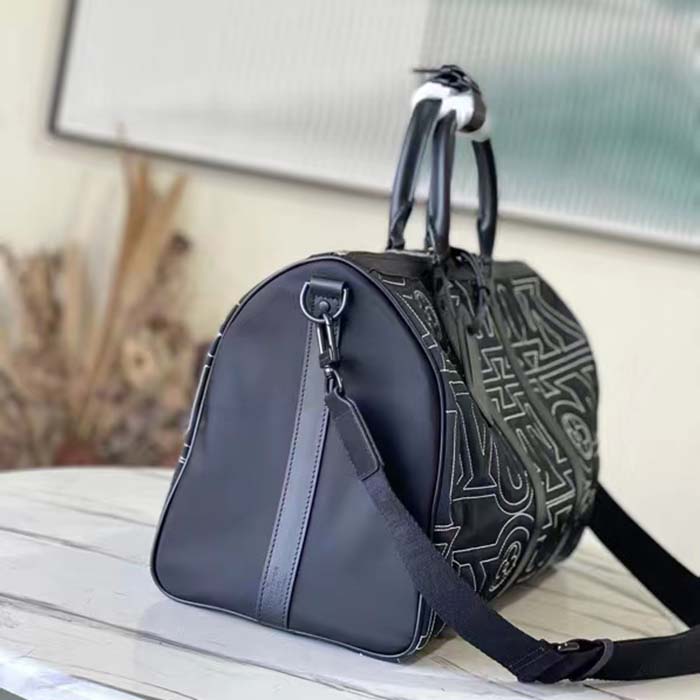 Louis Vuitton LV Unisex Keepall 50B Black Nylon Cowhide Leather Signature Embroidery