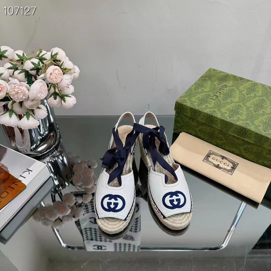 Gucci Women Espadrilles Ribbon Tie White Cotton Canvas Blue Interlocking G Embroidery