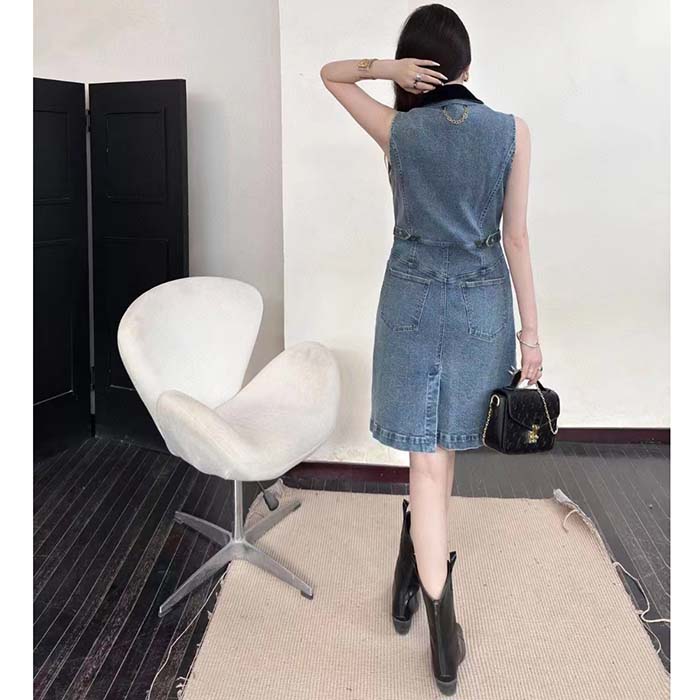 Louis Vuitton Women LV Velvet Accent Denim Dress Cotton Blue Regular Fit 1AFDDN