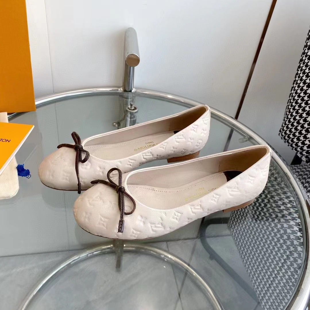 Louis Vuitton LV Women Nina Flat Ballerina Nude Pink Monogram Embossed Calf Leather Bow
