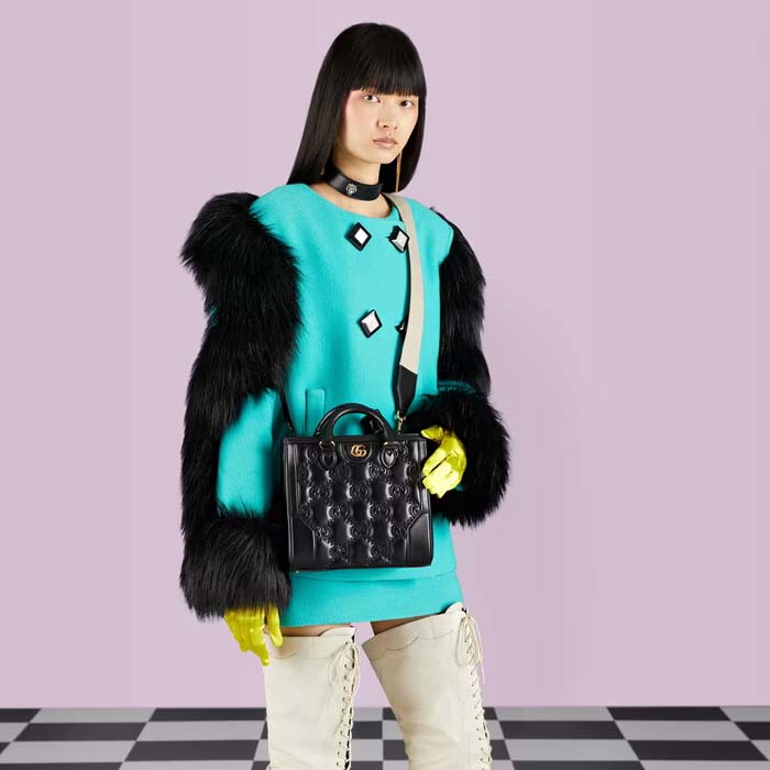 Gucci Women GG Matelassé Mini Top Handle Bag Black Leather Double G