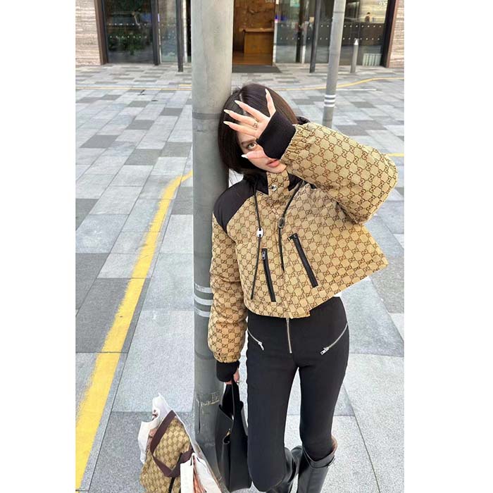 Gucci Women GG Canvas Bomber Jacket Camel Ebony Black Trim Lined Dropped Shoulder Padded