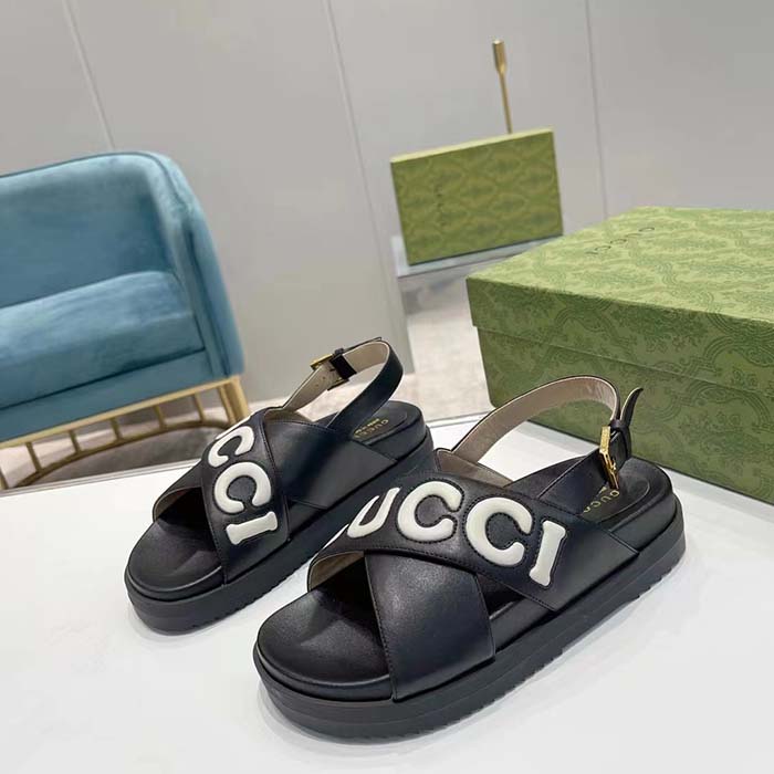 Gucci Unisex GG Sandal Black White Leather Script Rubber Buckle Flat