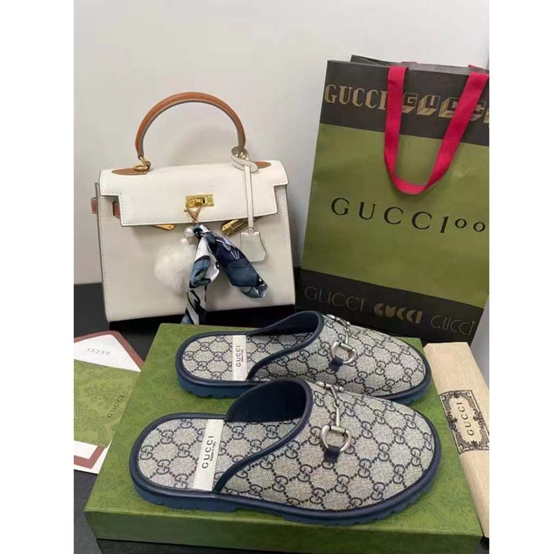 Gucci Unisex Slipper Blue Beige GG Supreme Canvas Rubber Sole Low 1 Cm Heel