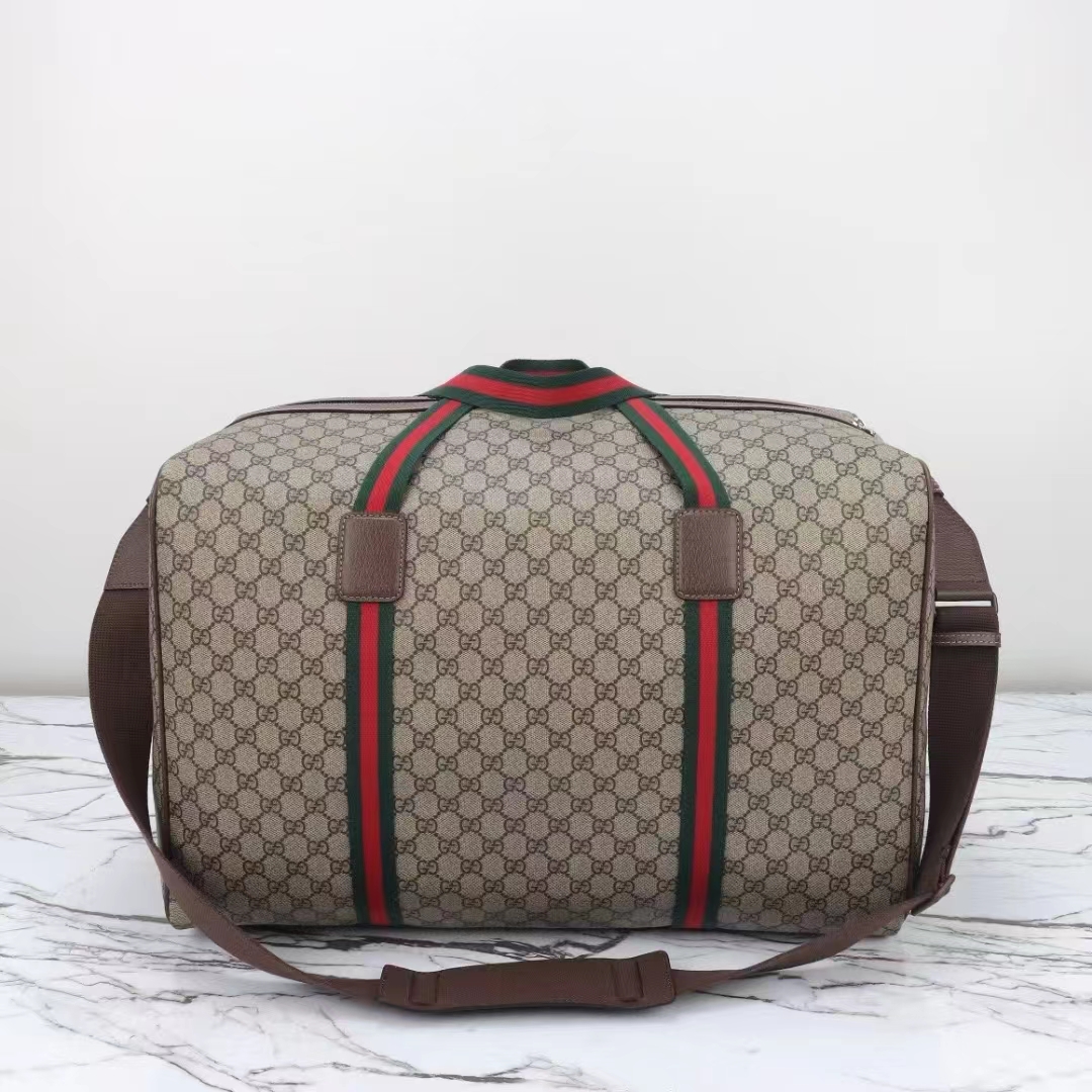 Gucci Unisex Maxi Duffle Bag Web Beige Ebony Soft GG Supreme Zip Closure